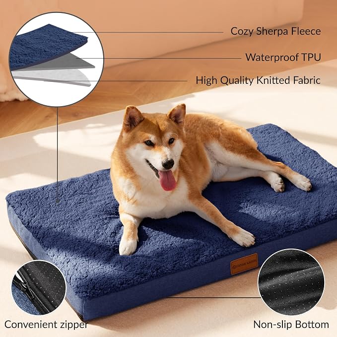 Patas Lague Orthopedic Large Dog Bed Pet Sofa Mat 36''X24'' Navy Blue | Egg-Crate Foam Dog Couch For Large Sized Dogs, Waterproof Removable Washable Cover, Soft Pet Crate Bed With Nonskid Bottom