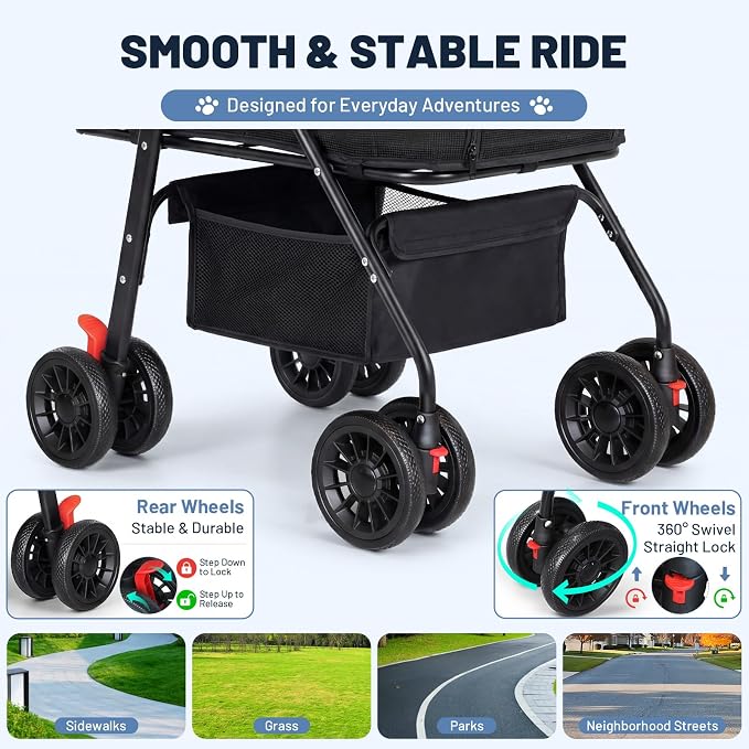 Dog Stroller for Small Dogs, Panoramic Mesh Pet Cat Stroller with Detachable Carrier, Foldable Pet Stroller up to 35 lb, with Safety Tether, Puppy Doggie Stroller for Medium Dogs 20 lbs Black