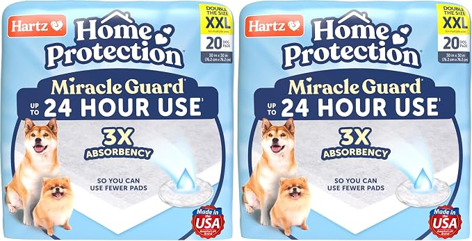 Hartz Miracle Guard Dog and Puppy Dog Pads Max Absorbency 24 Hour Use Odor Eliminating No Leaks, 2XL Size, 20 Count (Pack of 2)