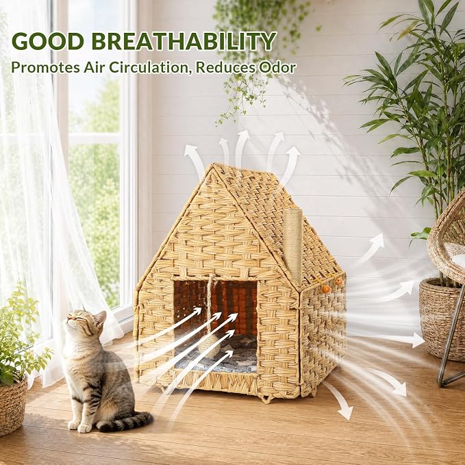 Handwoven Rattan Cat Bed for Indoor Kitten, Cat Cave Bed with Sisal Ball, Cushion & Cat Scratch Post, Foldable Hideaway Cat Hut in Bedroom Living Room, Natural