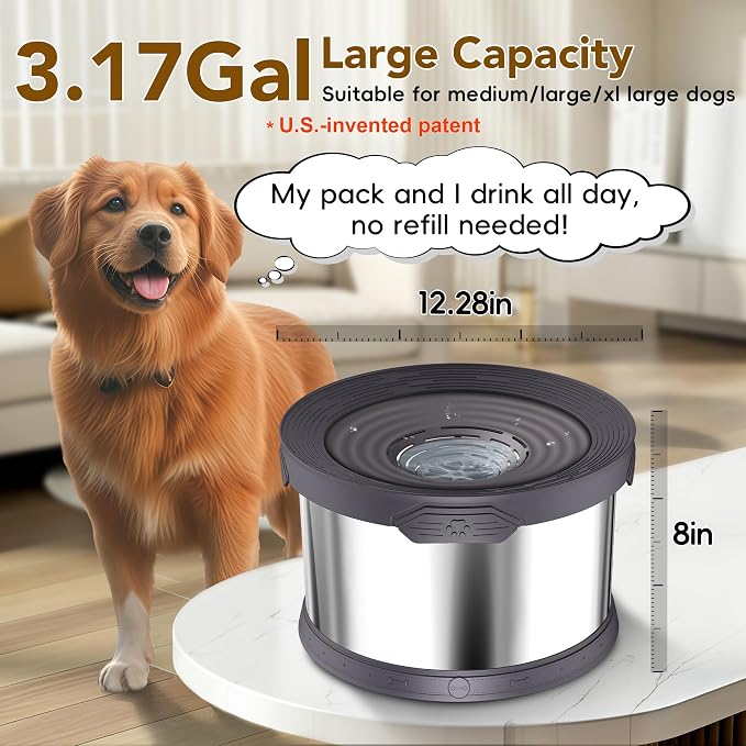 UPSKY 12L Dog Water Bowl No Spill Stainless Steel for Slow Drinking Gray | Large Capacity, Spill-proof, Non-slip Design, Durable, For Large Dogs, Messy Drinkers & Multi-pet Homes, Outdoor / Indoor