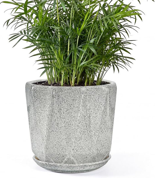 7.8 Inch Ceramic Plant Pot with Drainage Hole Mesh Net, Large Flower Pots for Indoor Plants with Saucer, Gardening Pots Outdoor(Gray-dot)
