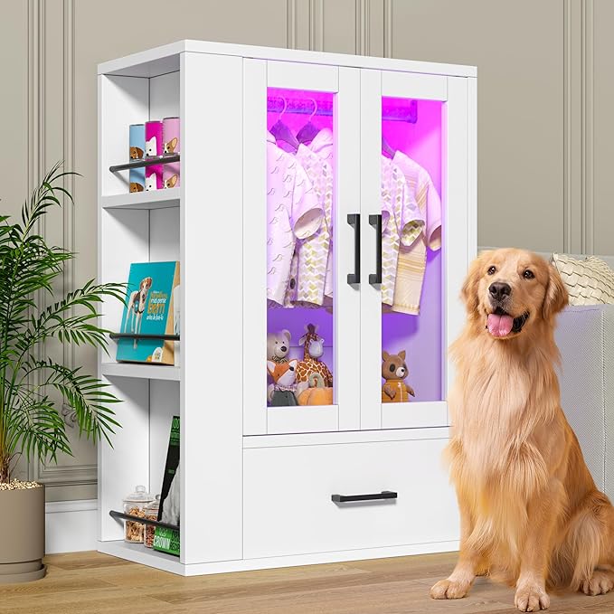 kepptory Pet Wardrobe Closet with LED Light, Side Storage Shelves & Drawer, White Pet Clothes Organizer Cabinet with Hanging Rod, Multi-Functional Pet Closet for Dogs & Cats Clothing, Toys