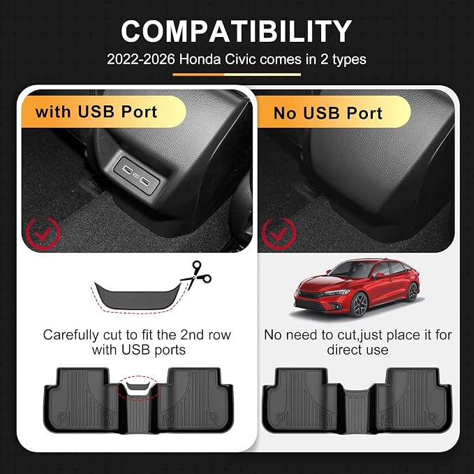 Floor Mats & Cargo Mat for Honda Civic Sedan 2022-2026 (Fits Rear Seats with or Without USB Ports) - All Weather TPE Car Floor Liners, 1st & 2nd Row & Trunk Liner(Not for Hybrid/Hatchback)