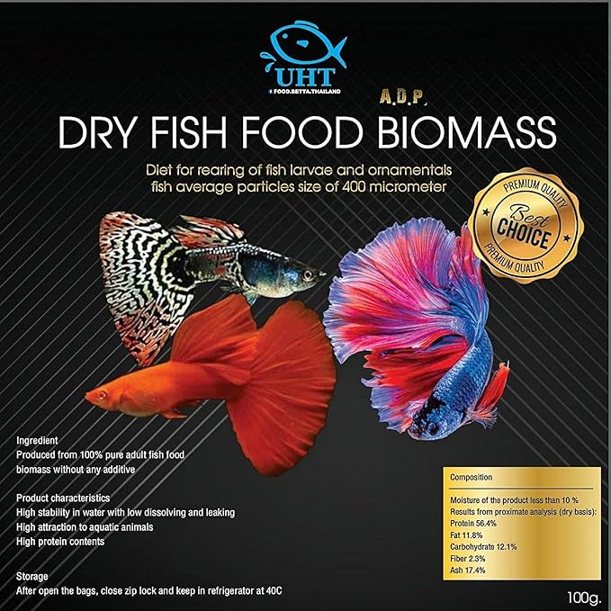 A.D.P. Biomass 100 g. Special High Protein 56.4% Tropical Fish Food Growth Fast Color Enhancer Guppy Betta Feed Slow Sinking Pellets 400 Microns for All Small to Medium Fish & Fry Newborn Fish Care