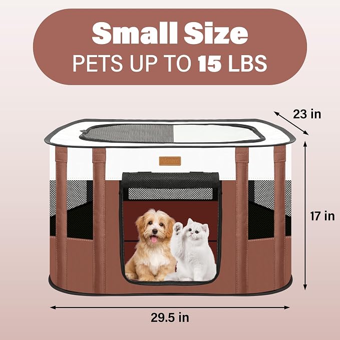 Dog Playpen - Foldable Cat Play Pens for Pubby, Kitten, Rabbit, Portable Pet Tent with Carring Bag for Indoor/Outdoor Travel Camping (Brown-Small)