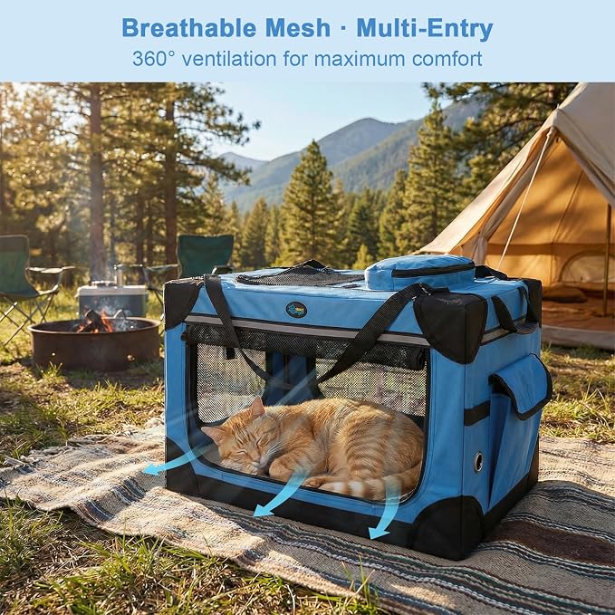 Ownpets Extra Large Cat Carrier for 2 Cats Small Dogs, 24 Inches Collapsible Soft Dog Crate for Car Travel, Portable Pet Carrier with Soft Mat, Blue | Foldable, Portable, 4-Doors, 4-Side Mesh Windows, Steel Frame Oxford Cloth, Soft Cushion Mat, Leash, ...
