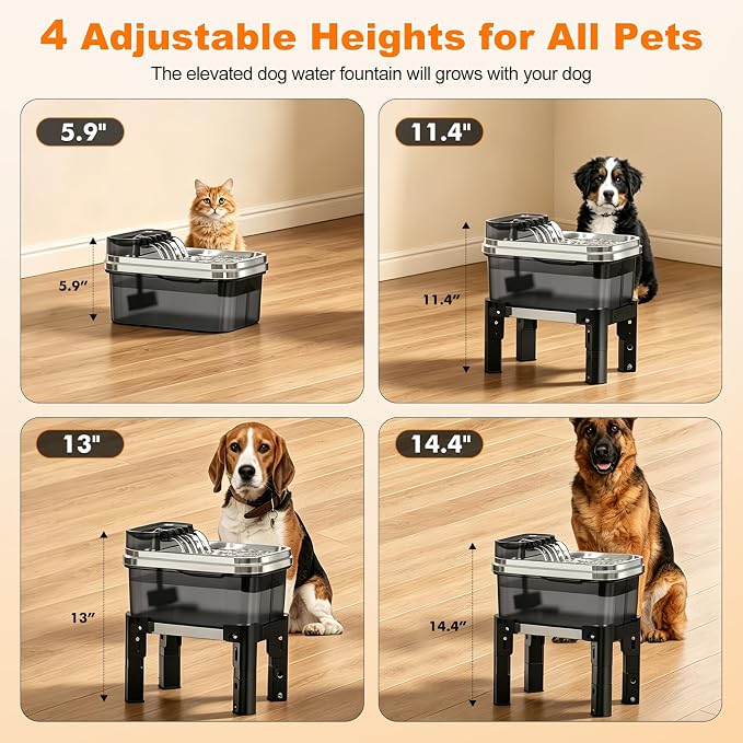 RPZ 9L Elevated Stainless Steel Dog Water Fountain with Filter | 4-level adjustable indoor pet water fountain with quiet pump and no-spill design for small, medium, and large dogs