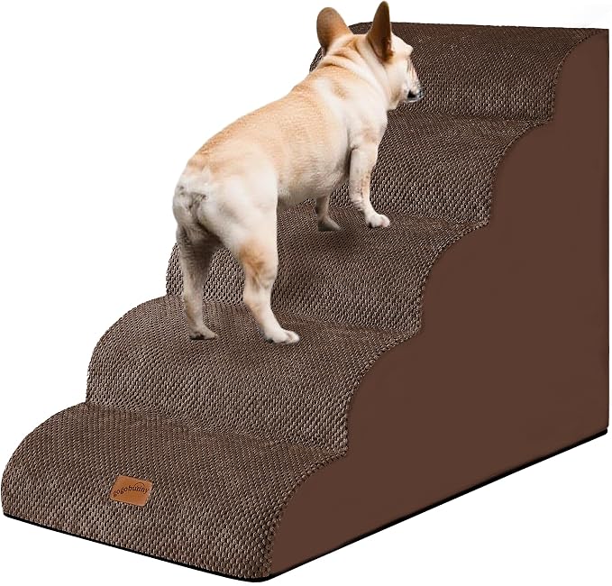 GoGoBunny Ramp Dog Stairs for High Beds 24.4" H, 5-Step Extra Wide Dog Slope Stairs with Durable Waterproof Fabric Cover, Pet Steps for Old Large Dogs Climbing, Non-Slip Sturdy Indoor Step, Brown
