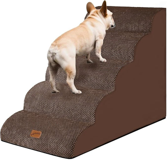 GoGoBunny Ramp Dog Stairs for High Beds 24.4" H, 5-Step Extra Wide Dog Slope Stairs with Durable Waterproof Fabric Cover, Pet Steps for Old Large Dogs Climbing, Non-Slip Sturdy Indoor Step, Brown