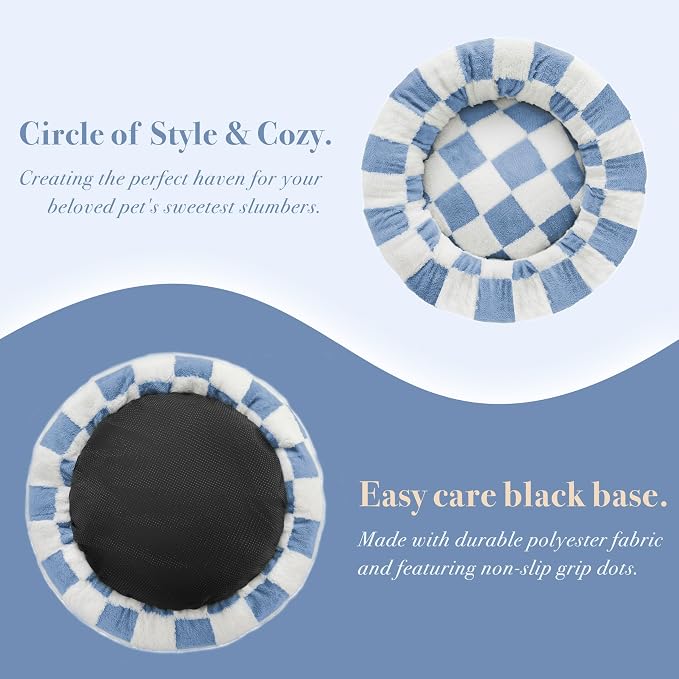 Ohocut Checkered Dog Bed, Cute Blue Retro Style Aesthetic Round Warming Pet Calming Beds for Small Dog and Cats, Plush Cozy Donut Dog Beds Washable, 30" L x 30" W x 8" Th
