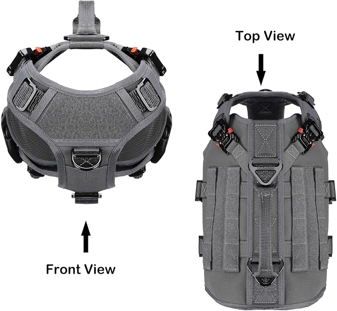 ICEFANG No Pull Tactical Dog Harness for Small Dogs,Adjustable Dog Vest | Control Handle,MOLLE Panel,Front Hook,3 Leash Clips,Soft Padded,for walking training,Grey,Small