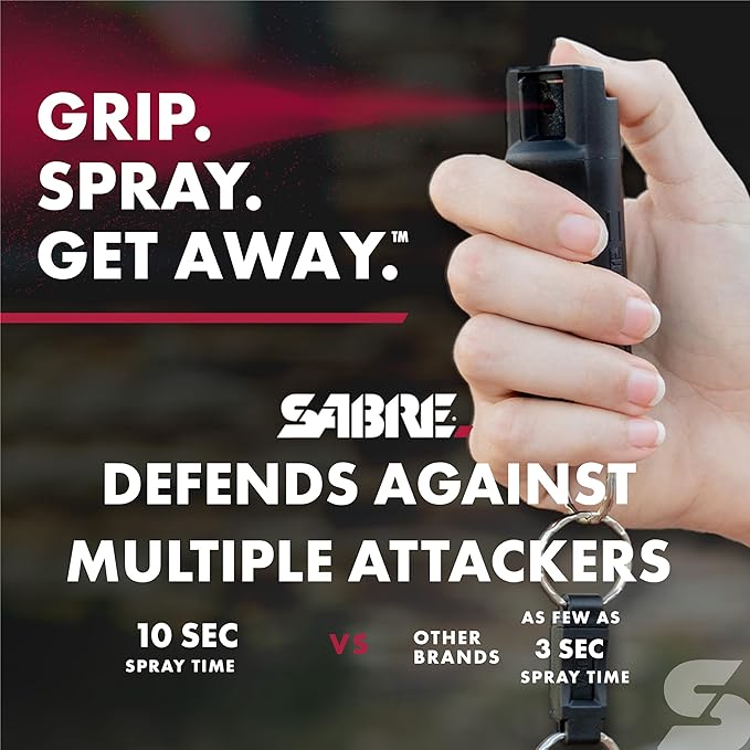 Sabre Pepper Spray - Quick Release Keychain for Easy Carry & Fast Access, Max Police Strength Self Defense OC Spray with UV Dye, 10 Sec. Spray Time, Finger Grip - Faster Aim, 0.54 fl oz,Secure Safety