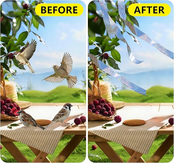 Bird Scare Reflective Tape, 295 Feet (2 Rolls), Double-Sided Reflective, for Repelling Sparrows and Woodpeckers, Suitable for Outdoor Use in Homes, Gardens, Farms, Orchards,Outdoor