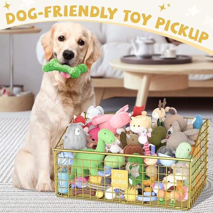 Kaiferty Indestructible Dog Toy basket, Large Toy Bin for Dogs,Pet Toy Bin Dog Metal Basket Organizer Storage for Toys Food Storage (Gold)