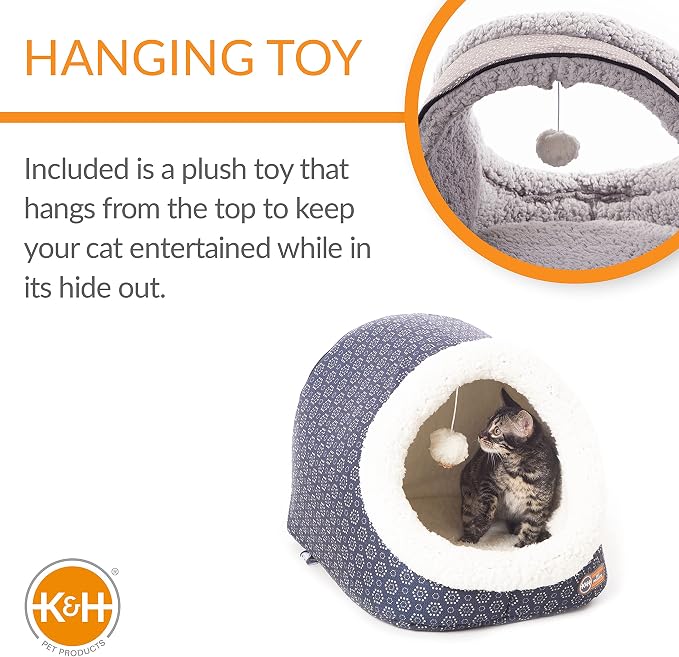 K&H Pet Products Thermo-Pet Cave Heated Cat Bed for Large Cats, Indoor Heated Warming Bed for Dog & Cat, Covered Cave Pet_Tent, Collapsible,Machine Washable,Safety Listed-17X15X13in Navy (Pack of 4)