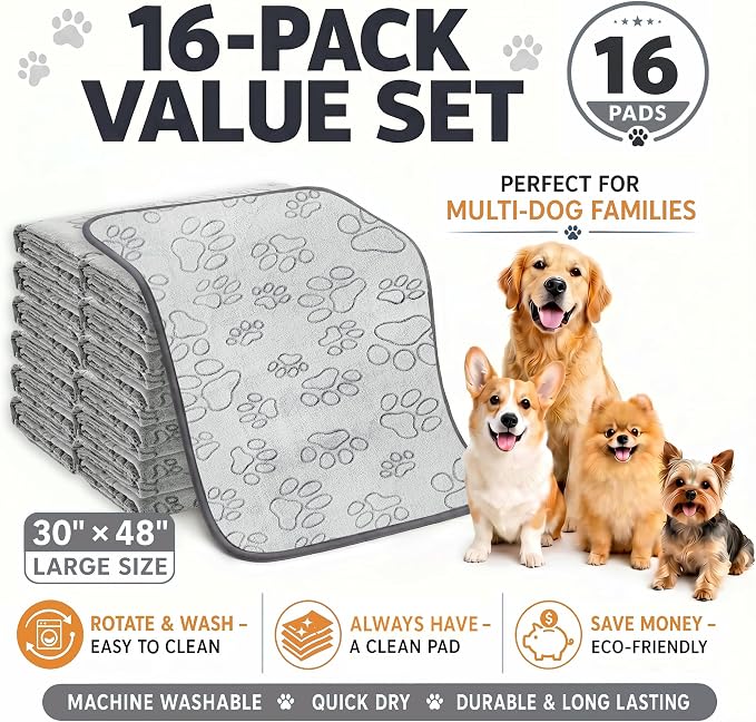 Reusable Puppy Pads, Washable Pee Pads, Leakproof 48"x 30" 16 Pack | High Absorbency Dog Training Pads, Wee Wee Pads With Waterproof Non-Slip Base For Indoor Potty, Crates, Playpen & Senior Dogs