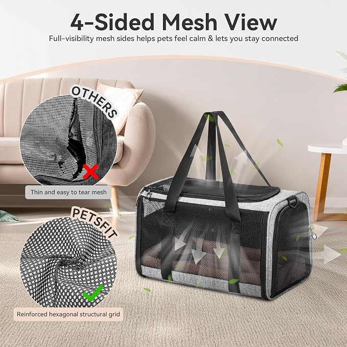 PETSFIT Cat Carrier Soft with Patented Safety Buckles,Safe for Car Travel | Lockable Zippers, Safety Tether, Escape-Resistant Pet Carrier for Vet Visits, Airline Approved Under-Seat, Up to 12 lbs