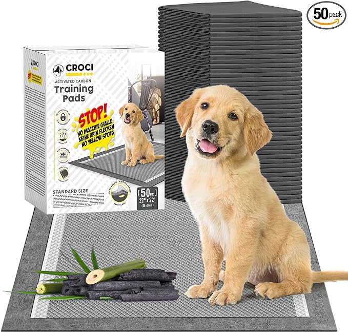 CROCI Charcoal Pee Pads for Dogs Odor Control Leak Proof 22x22in 50Ct | Super Absorbent Puppy Pads with Adhesive Tabs, Heavy Duty, Dog Potty Training, Quick-Dry Surface, Disposable