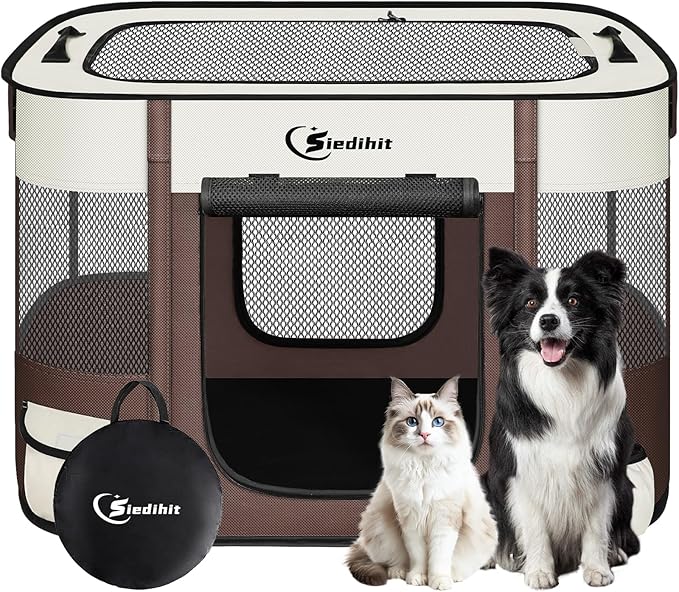 Siedihit Dog Playpen, Cat Pet Puppy Crate, Portable Playpens Indoor Outdoor (Brown, Medium)