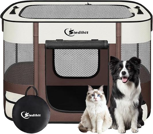 Siedihit Dog Playpen, Cat Pet Puppy Crate, Portable Playpens Indoor Outdoor (Brown, Medium)