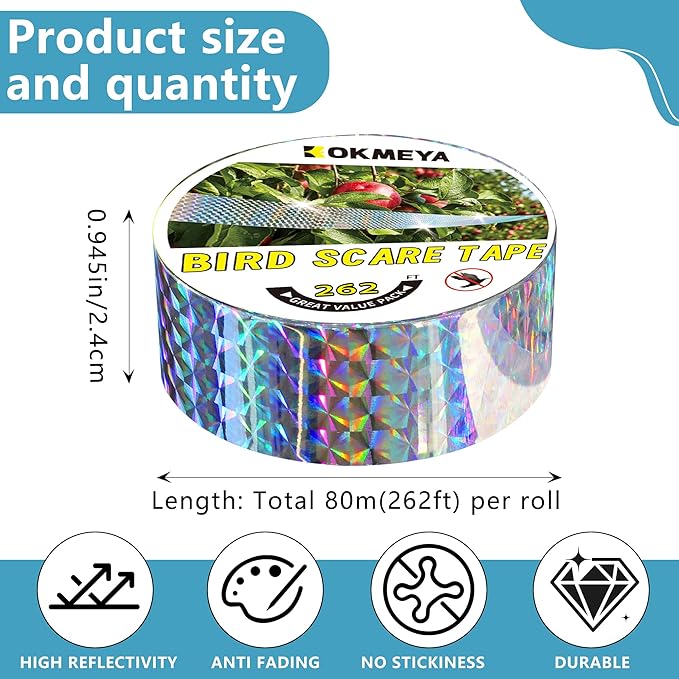 Bird Scare Tapes 262FT Reflective Flash Tape for Birds, Bird Scare Device Double Side Ribbon Scare Birds Away for House, Garden, Yard, Orchard, Patio, Outdoor (Pack of 2)