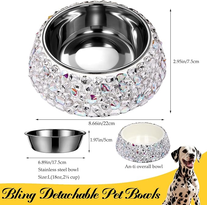 SlowVibes Bling Stainless Steel Dog Bowls,18oz Removable Diamond Metal Food Water Bowl for Feeding Dogs,Rust Resistant Non-Slip Puppy Dish,Sparkle Rhinestone Essentials for Medium Large Girl Pets
