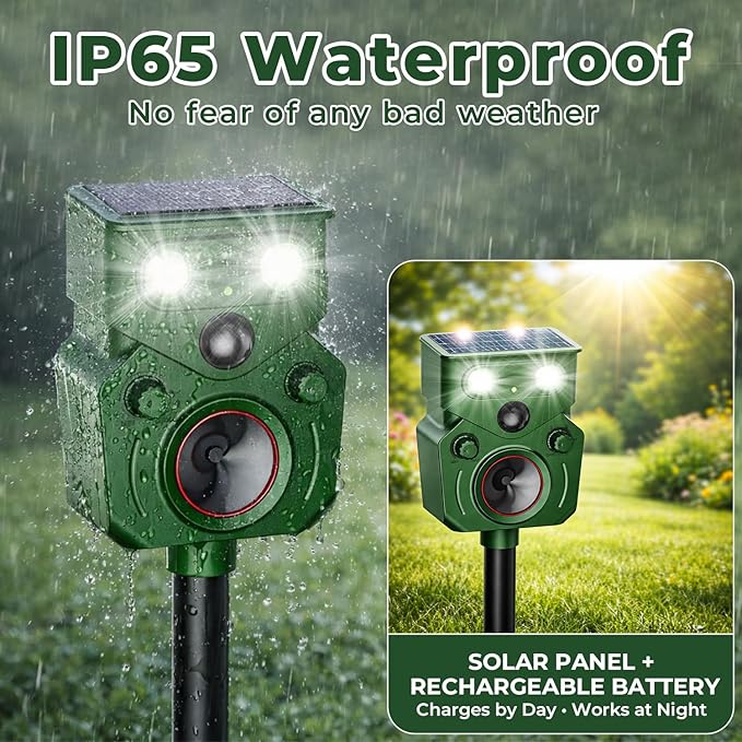 (2 Pack) Solar Ultrasonic Animal Repellent Outdoor, Motion Activated, IP65 Waterproof, Discourage Unwanted Animals in Yard, Deer, Coyote, Cats, Squirrel, Raccoon & Skunk with LED Flashing Lights
