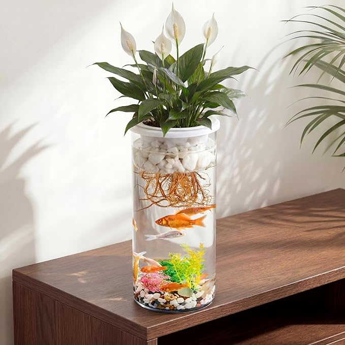 Thenshop 1.87 Gallon Plastic Aquaponic Planter and Aquarium Betta Bowl Fish Aquariums Small Fish Tank with Base and Top Promotes Healthy Hydroponic Environment for Plants (Straight Cylinder)