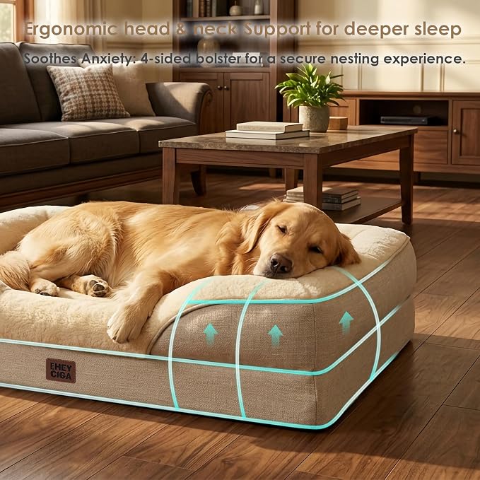 EHEYCIGA Orthopedic XL Dog Bed for Large Dog, Memory Foam Dog Couch, Beige | 48x35 Inch Extra Large Sized Dog Sofa with Sides, Waterproof Liner & Washable Removable Cover, Bolster Pet Couch