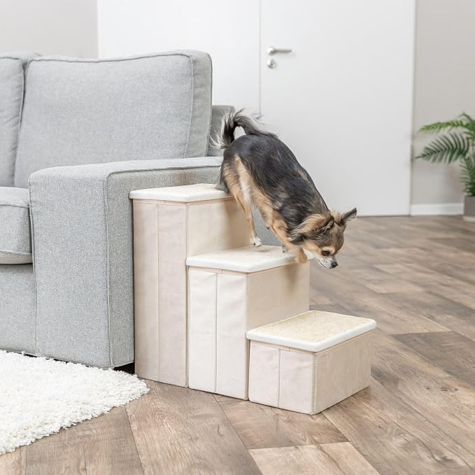 TRIXIE 3-Step Velour Pet Stairs, Beige | Collapsible, Storage Compartments for Pet Toys, Ideal for Small Dogs & Cats