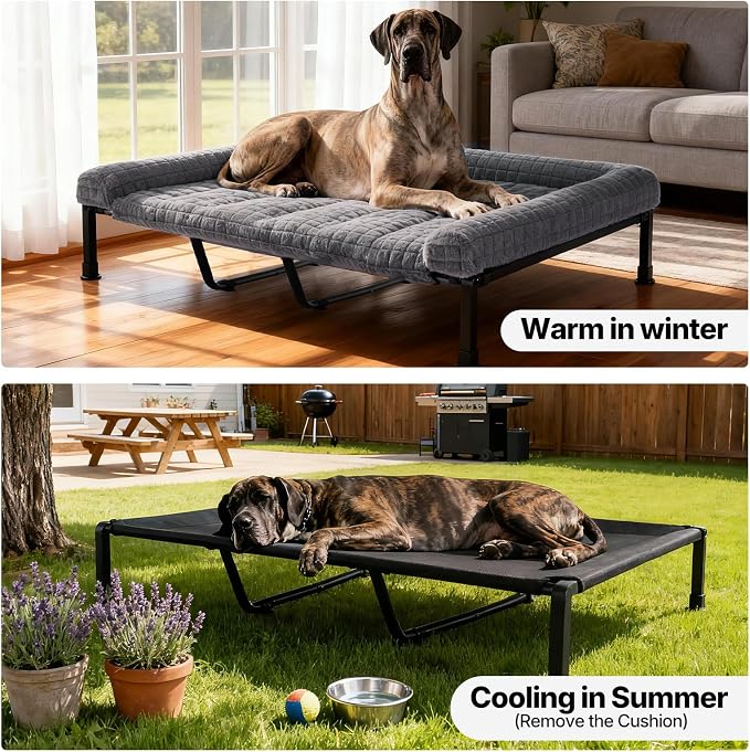 Veehoo Elevated Dog Bed with Fluffy Plush Bolster Cushion, Dog Couch Bed | Cooling Raised Dog Bed for Large Dogs, Washable Orthopedic Pet Cot with Removable Mat, Breathable Mesh, Non-Slip, 59", Grey