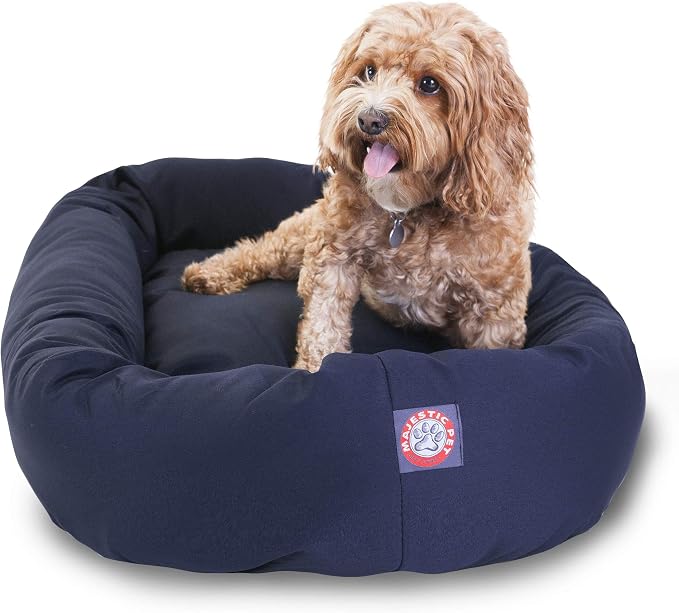 Majestic Pet Bagel Calming Dog Bed, 32 Inch Medium, Round, Washable, Blue | Cozy Soft Fluffy Donut Pet Bed with Spine Support for Head Rest – Anti-Anxiety Comfort for Puppies & Dogs, 32x23x7 Inches