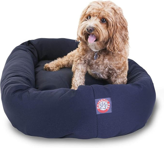 Majestic Pet Bagel Calming Dog Bed, 32 Inch Medium, Round, Washable, Blue | Cozy Soft Fluffy Donut Pet Bed with Spine Support for Head Rest – Anti-Anxiety Comfort for Puppies & Dogs, 32x23x7 Inches