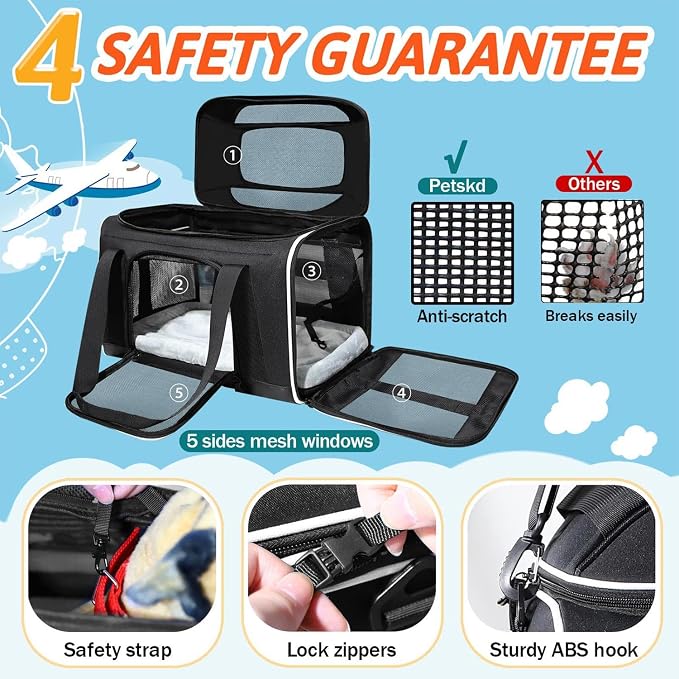 Petskd Top-Expandable Pet Carrier 18x13x9.5 Inches Southwest Airline Approved, Soft-Sided Carrier for Small Cats and Dogs with Locking Safety Zippers and Anti-Scratch Mesh(Black)