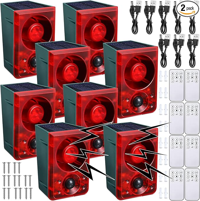 Qualirey 2 Pcs Solar Outdoor Motion Sensor Alarm Animal Deterrent Gunshot Sound Dog Barking 130db Loud Noise Maker 3 Modes with USB Remote Control, Support Recording and Volume Adjustment (Red)