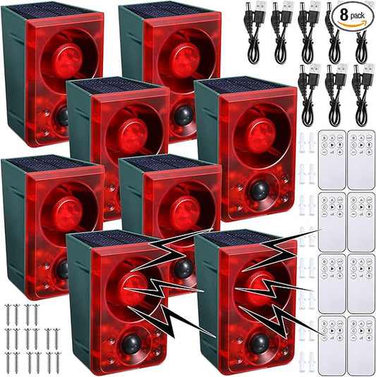 Qualirey 8 Pcs Solar Outdoor Motion Sensor Alarm Animal Deterrent Gunshot Sound Dog Barking 130db Loud Noise Maker 3 Modes with USB Remote Control, Support Recording and Volume Adjustment (Red)