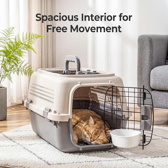 NEWBULIG 23" Hard-Sided Dog Carrier, Plastic Cat & Dog Crate, 4-Sided Ventilation Travel Pet Kennel, Top & Front Door Access, Integrated Food Bowl, for Small Pets up to 22 lbs - Beige & Grey