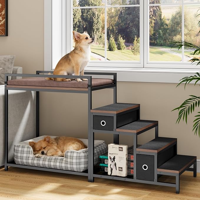 kepptory Dog/Cat Window Perch with Stairs and Seat Cushion, Pet Bunk Bed with Storage Drawers, Bedside Dogs Cot for Small, Medium Cats & Dogs, Pet Stairs Ramp(Brown)