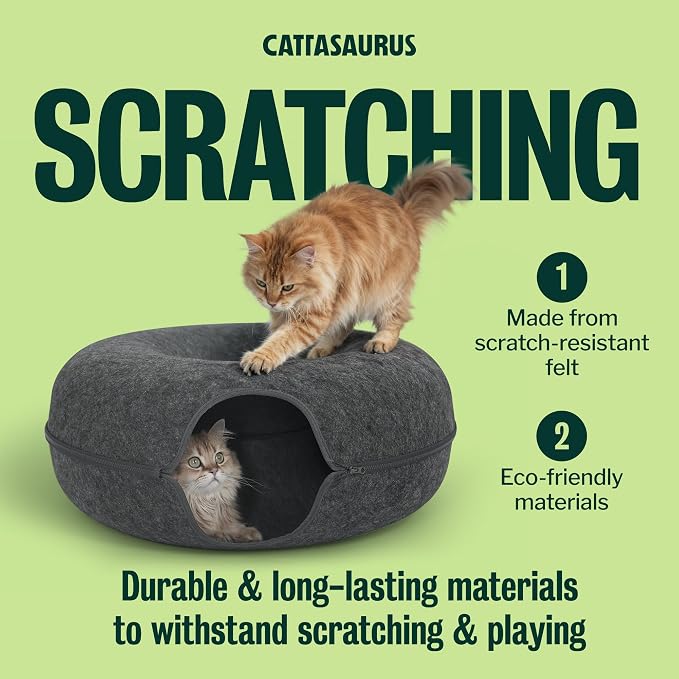 Peekaboo Cat Cave Donut for Multiple & Large Cats up to 30-45 lbs, 3-in-1 Self Warming Cat Bed, Tunnel & Scratcher for Indoor Cats, Washable & Detachable Small Dog Bed (Dark Gray, Jumbo)