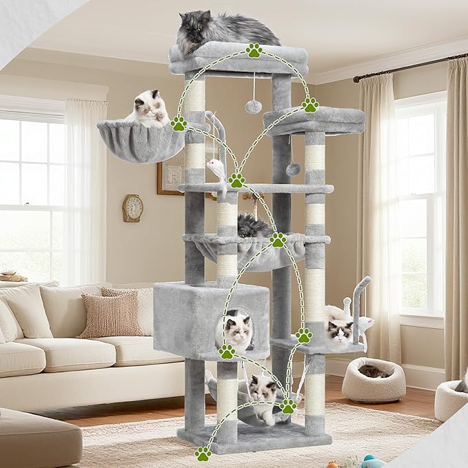 Gitelsnour Cat Tree, Cat Tower for Large Cats with 2 Big Platforms, 2 Baskets, condo and Toys, 63" Cat Scratching Posts for Indoor Cats, Light Gray GCT020W