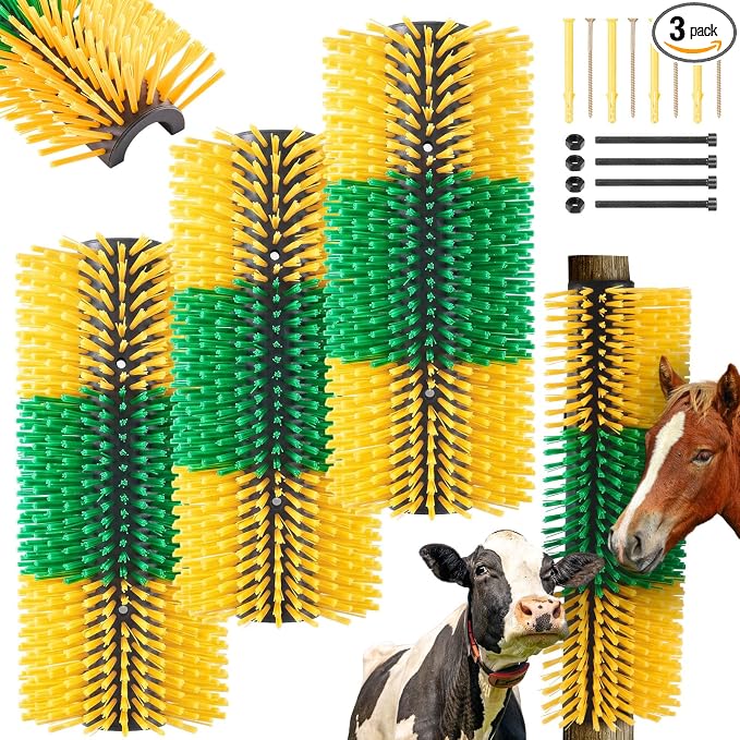 3 Pack Livestock Scratching Brush, Green and Yellow | Animal Scratcher, Itch Relief Grooming, Horse Goat Cow Scratcher, Fence Post Mounting, Durable Bristles, Farm Livestock Care