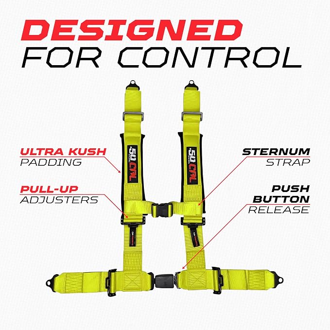 1pc 50 Cal Yellow 4 Point Harness 3in Straps, Racing Harness Seat Belt | Ultra Kush padding, Push Button quick release hardware. Universal Fit for UTV, RZR, race car.