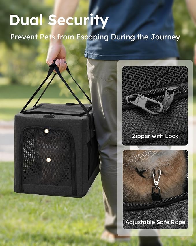 Pecute Cat Carrier, Portable Dog Carrier with Stable Structure, Dark Grey | Larger Space, 360° Ventilation & Comfort, Escape-Proof, for Travel / Car Trips / Vet Visits, Fits Cats up to 11 lbs