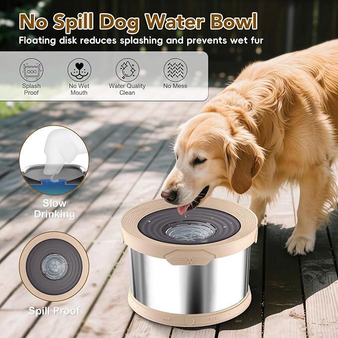 UPSKY 8L Dog Water Bowl No Spill Stainless Steel for Slow Drinking Beige | Large Capacity, Spill-proof, Non-slip Design, Durable, For Large Dogs, Messy Drinkers & Multi-pet Homes, Outdoor / Indoor