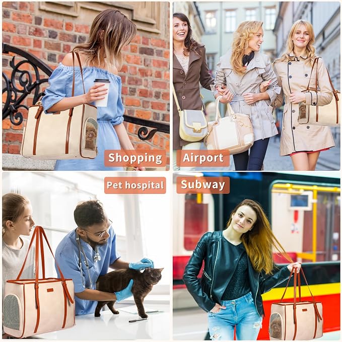 Fashion Dog Purse Pet Carrier Leather Bag for Small Dogs Cats Puppy, Portable Tote Bag Airline Approved Soft-Sided Carriers (Beign)