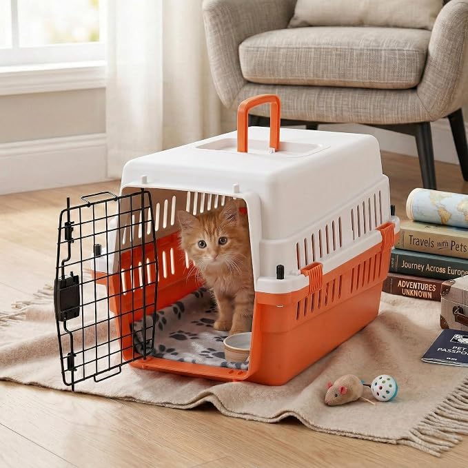 Hard-Sided Pet Carrier for Cats and Small Dogs, 20" Sturdy Travel Kennel with Secure Wire Door & 360° Ventilation, Portable Plastic Crate for Vet Visits & Car Travel (White/Orange)