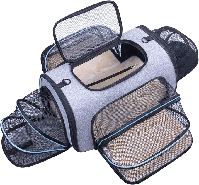 Pet Carrier Airline Approved, 4 Sides Expandable Cat Carrier Bag with Removable Fleece Pad, Large Soft Sided Pet Travel Carrier, Dog Carrier for Cats, Puppy and Small Dogs