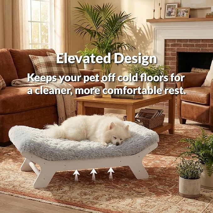 Elevated Wood Dog Bed Frame Mat Set, WoodPattern, Large | Raised Sturdy Attractive Dog Sofa Couch Furniture, 80 lb