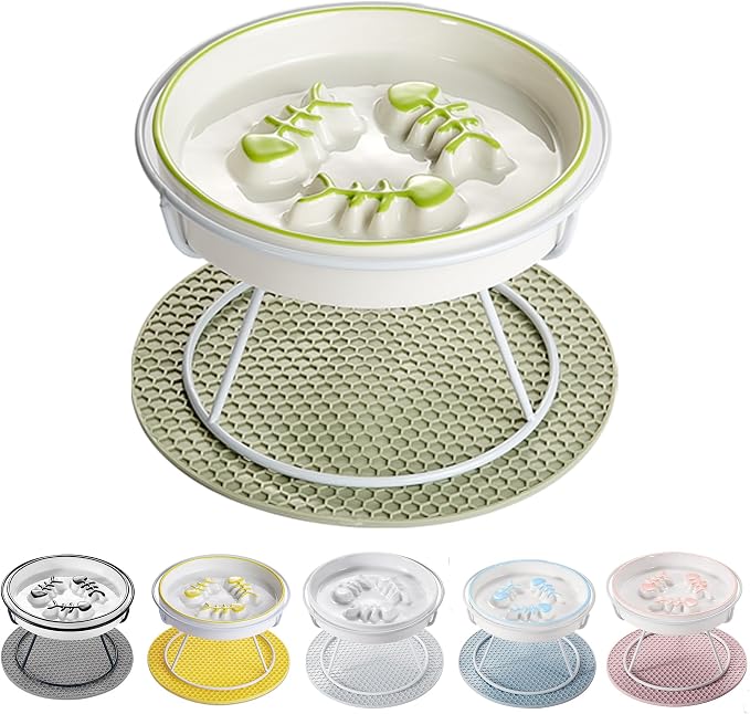 Ceramic Elevated Slow Feeder Cat Bowl, Anti Vomit, Removable Dish, Green | Removable Ceramic Bowl Elevated Anti Vomit Whisker-Friendly Wet & Dry Food Green Glazed Finish